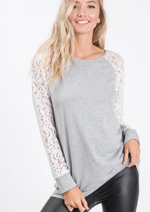 Heathered grey top with lace sleeves